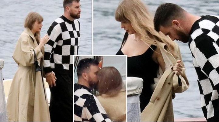 Overwhelmed- Taylor Swift and Travis Kelce are pictured kissing and ...